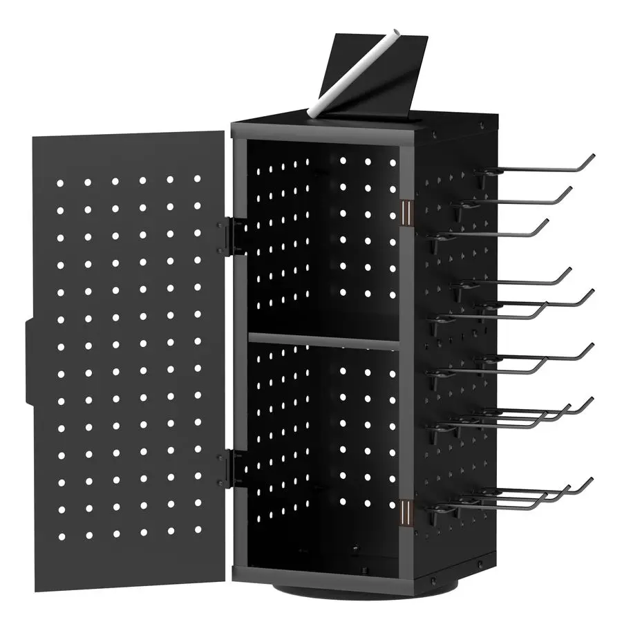 

Rotating Pegboard Display Stand With 24 Hooks Metal Spinning Peg Board Organizer Accessories with Magnetic Door Design, Magnet D