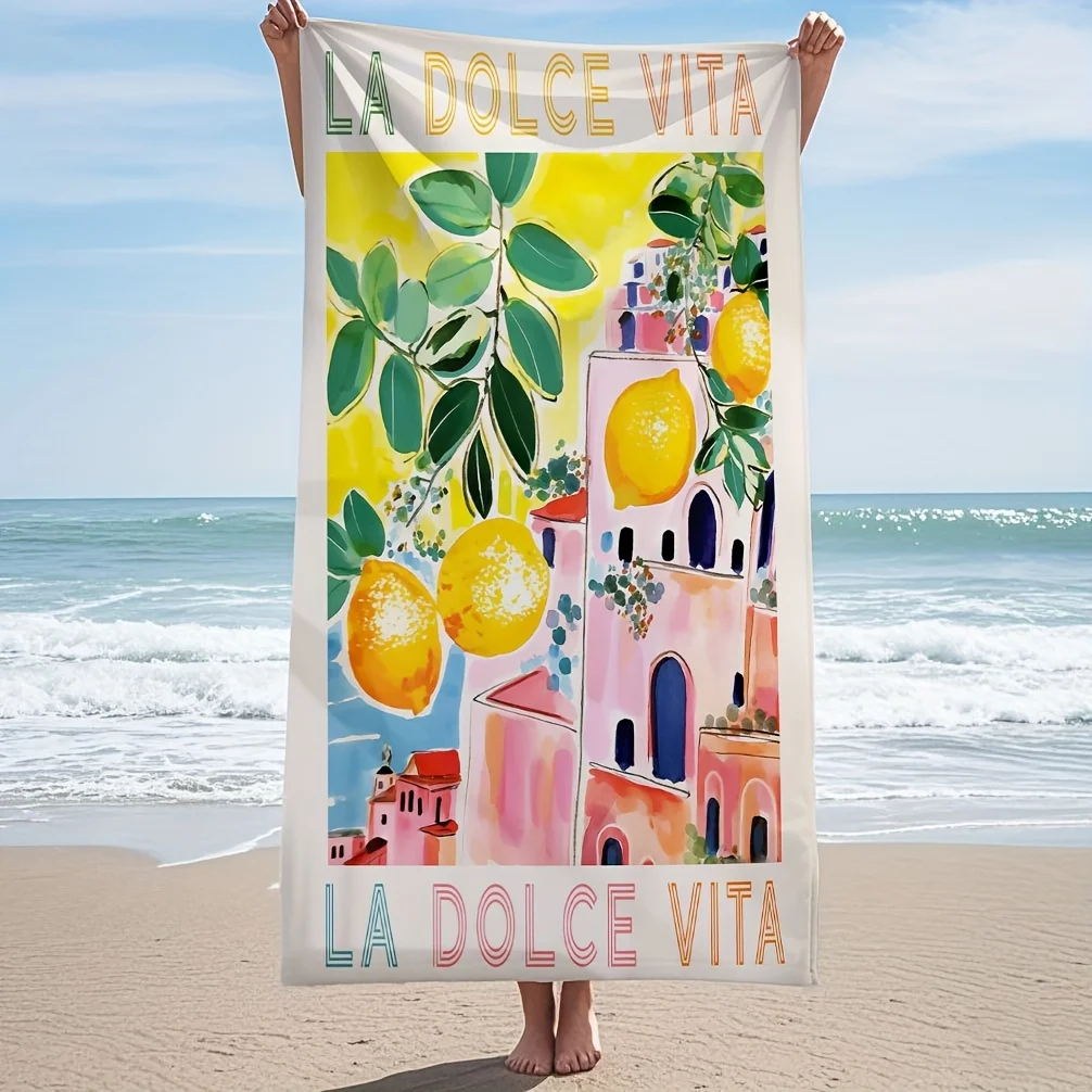 1pc Italian Amalfi Coast La Dolce Vita Beach Towel - Ultra-Soft Fast-Drying Polyester Blend, Vibrant Coastal Pattern with Lemon