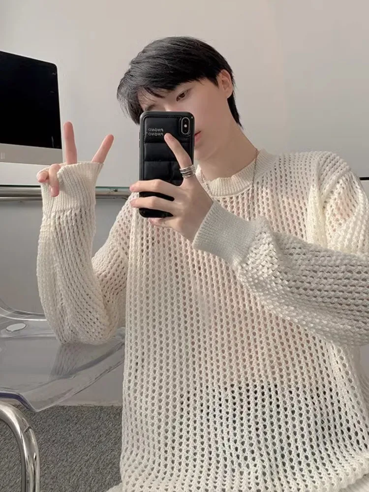 

Белый круглый вязаный джемпер с вырезами для мужчин, в американском повседневном стиле, осенний, свободного кроя, удобный, из полиэстера