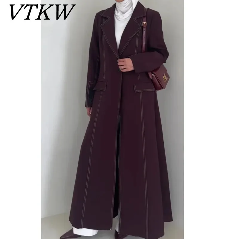

VTKW 2025 Spring Notched Lapel Tie-Waist Oversized Floor-Length Blazer Jacket Linen Transition Modern Feminine Street Style