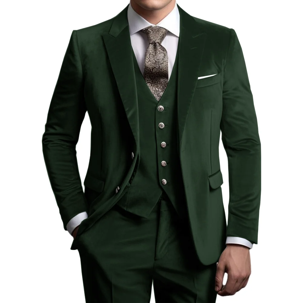 Dark green vVelvet Suit for Men Holiday Party Tuxedo Wedding Groom Jacket Pants Vest 3-piece Set Slim Fit XS-5XL Custom Clothes