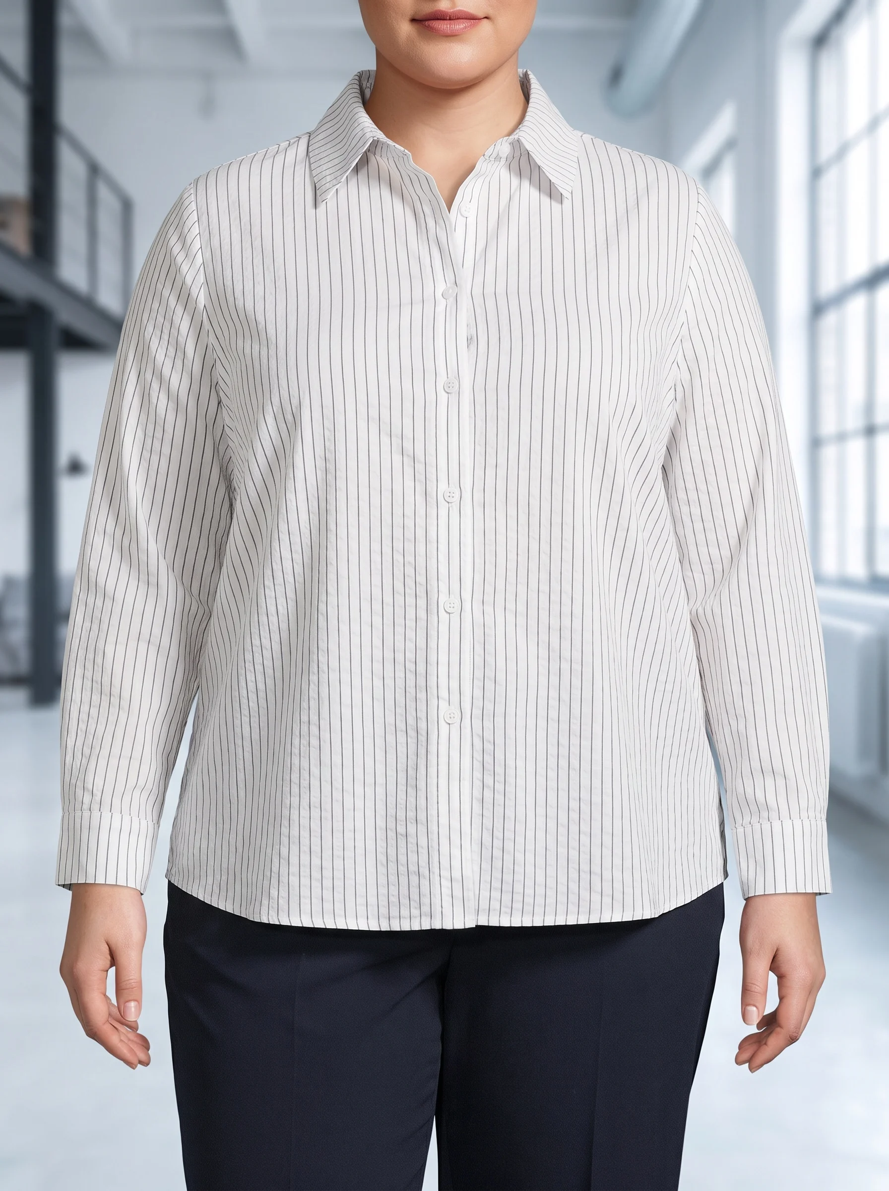 Gadinus Plus Size Women Striped Long Sleeve Shirt Loose Fit Casual Blouse Button Front Oversized Top