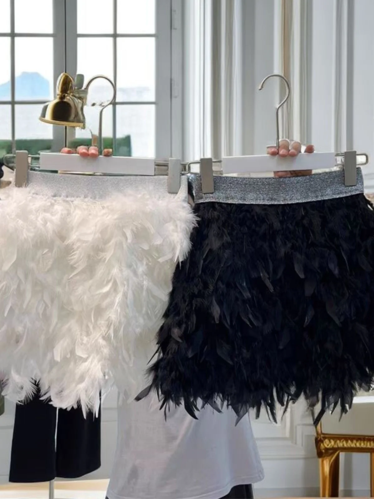 

Sweet Feathered Ostrich Plume f Skirt Birthday Par Dr Princ Sle ort A-Line Skirt High Waist Decoration Ensemble
