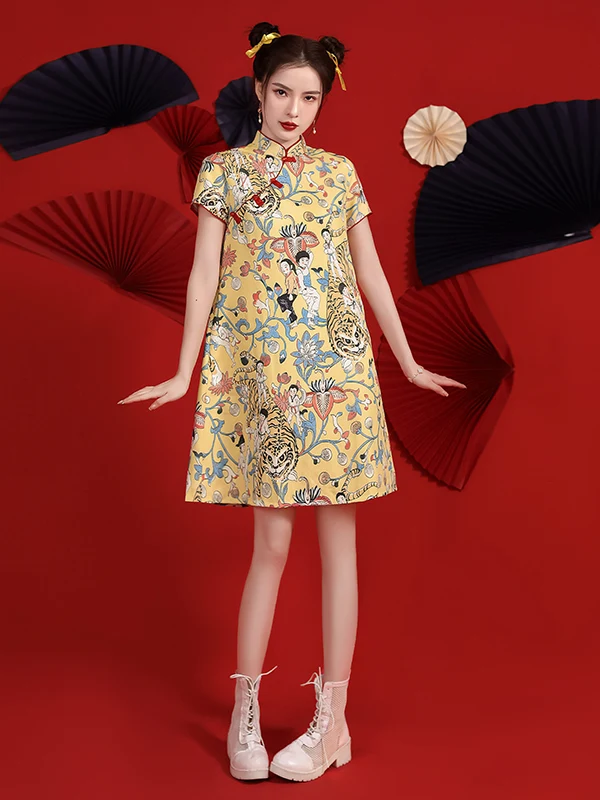 

plus Size Young Girl's Improved Women's Summer ort Sve Stand Collar Vintage Side Buttoned Dr for Plump Women