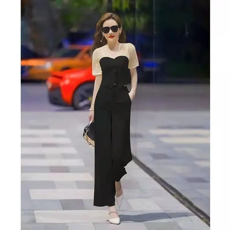 Fashionable Women\'s Set 2023 New Spring/Summer New Temperament V-Neck Panel Top+High Waist Wide Leg Pants Two Piece Set