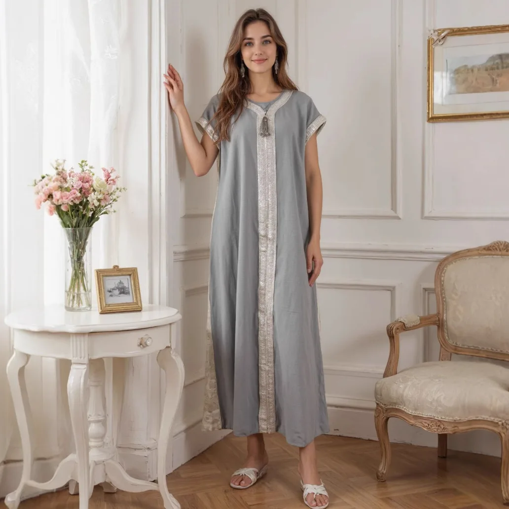 ชุดเดรสยาวแบบอาบายะห์สำหรับผู้หญิง ผ้าต่อหน้าหลัง แต่งลูกไม้สีเงิน ดีไซน์หรูหรา สไตล์อิสลาม แฟชั่นดูไบ