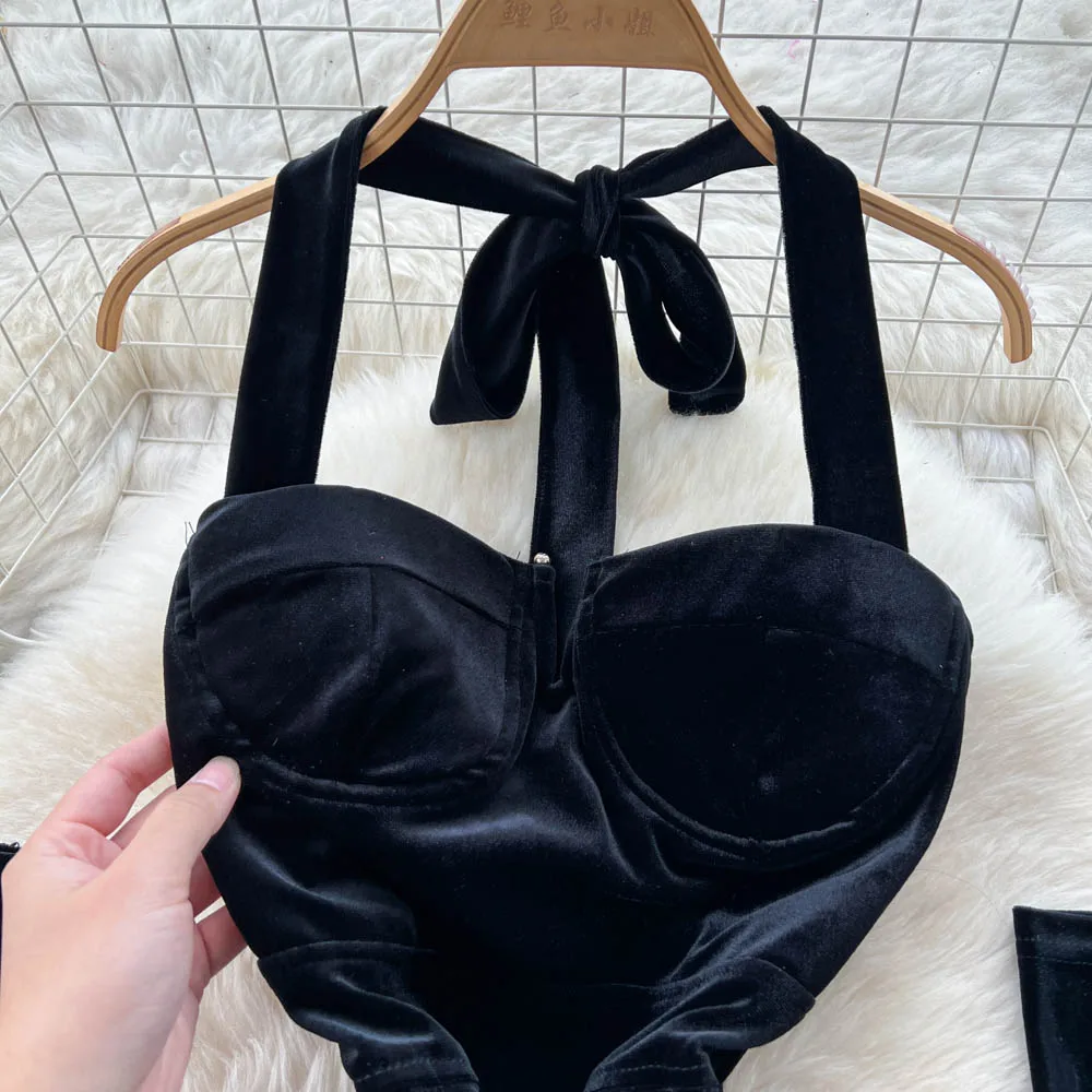 Chic vintage halter velour long sleeve Long dress korean fashion autumn women clothing ceremony dresses