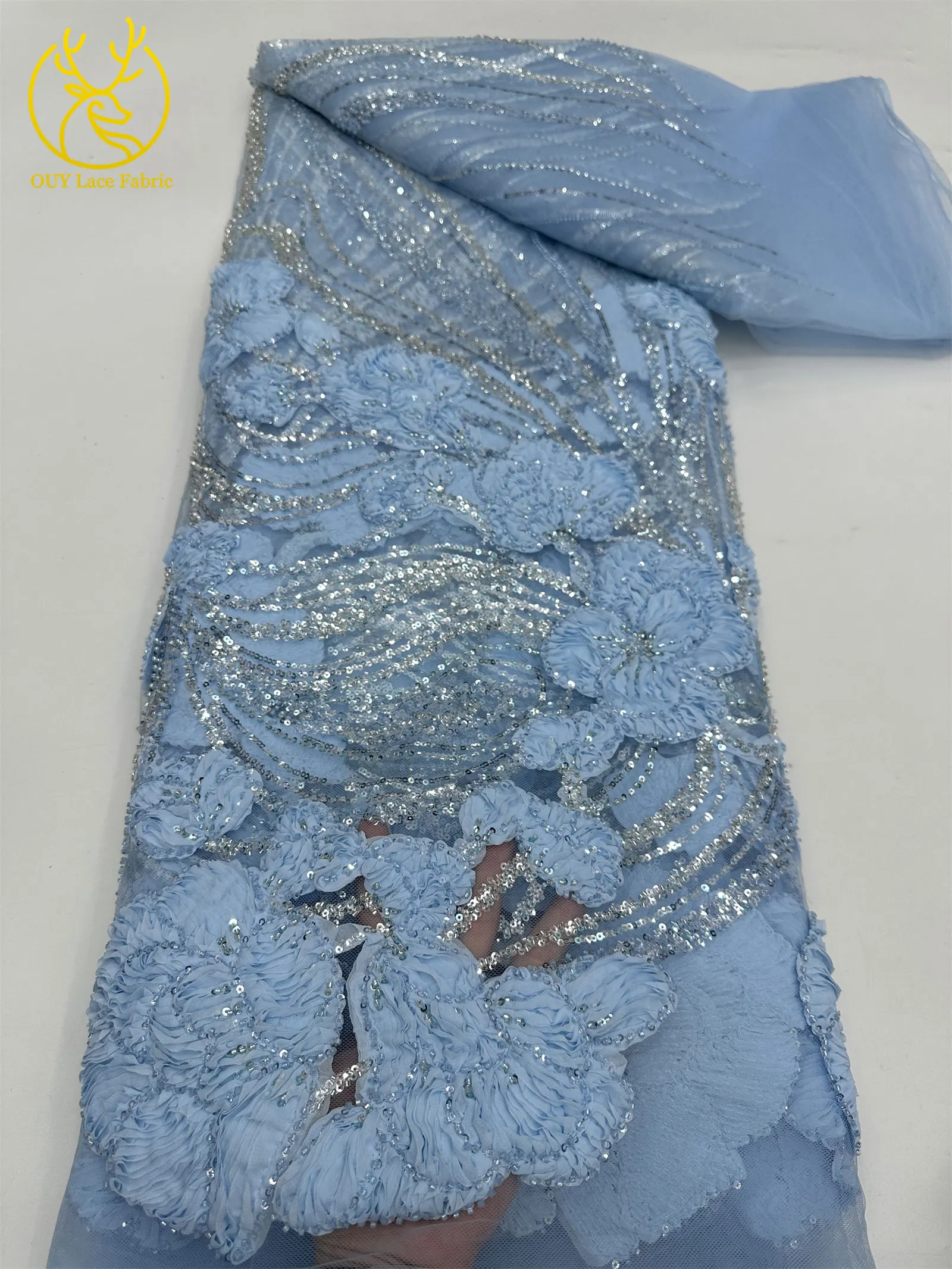 Modische französische 3D-Mesh-Stickerei-Spitze, afrikanischer Perlen-Spitzenstoff, himmelblauer nigerianischer Tüll-Spitzenstoff für Hochzeitskleider und Partykleider zum Nähen – Detail 24