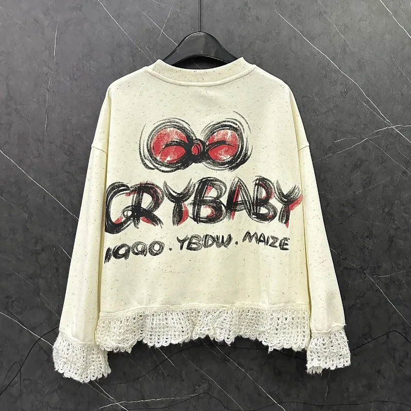 2025 Autumn New Cute Age-Reducing Cartoon Sequin Print Patchwork Crew Neck Sweatshirt For Women's Loose Casual Style Top Hoodies