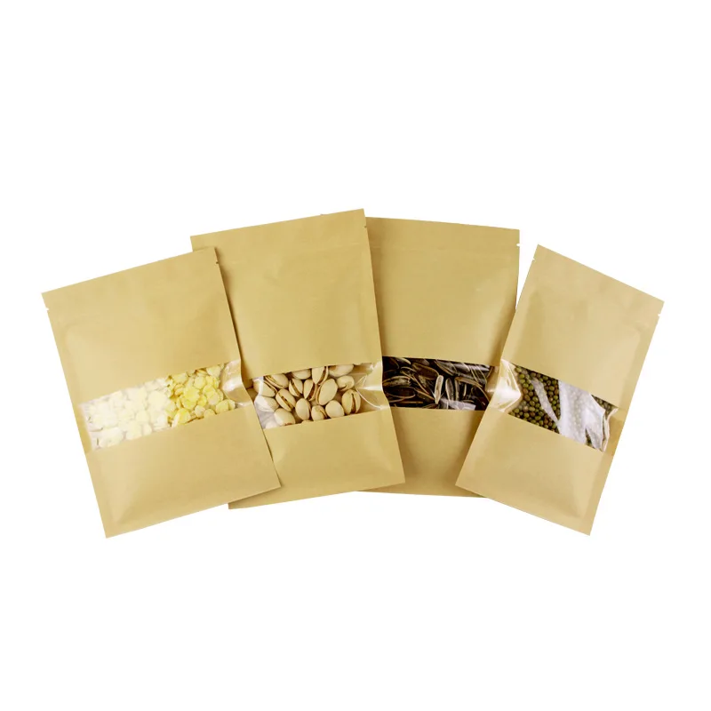 50/100pc Clear Window Kraft Paper Candy Cookie Sealable Bags Resealable Zip Lock Storage Edible Packaging Bag for Small Business