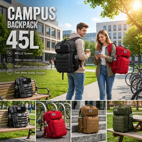 45L Large Capacity Tactical Fishing Backpack Angling Rucksack with Dual Water Bottle Cup Holders Outdoor Camping Fishing Tackle Storage Backpack for Sea Fishing Bank Fishing Hiking Trekking Travel Sports EDC Daily Carry Outdoor Fisherman Gear Bag