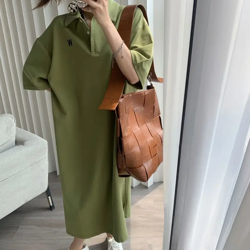 Fat MM Extra Large 300 Jin Polo Collar Loose T-shirt Skirt Women's Summer Casual Medium Long Over Knee Short Sleeve Dress