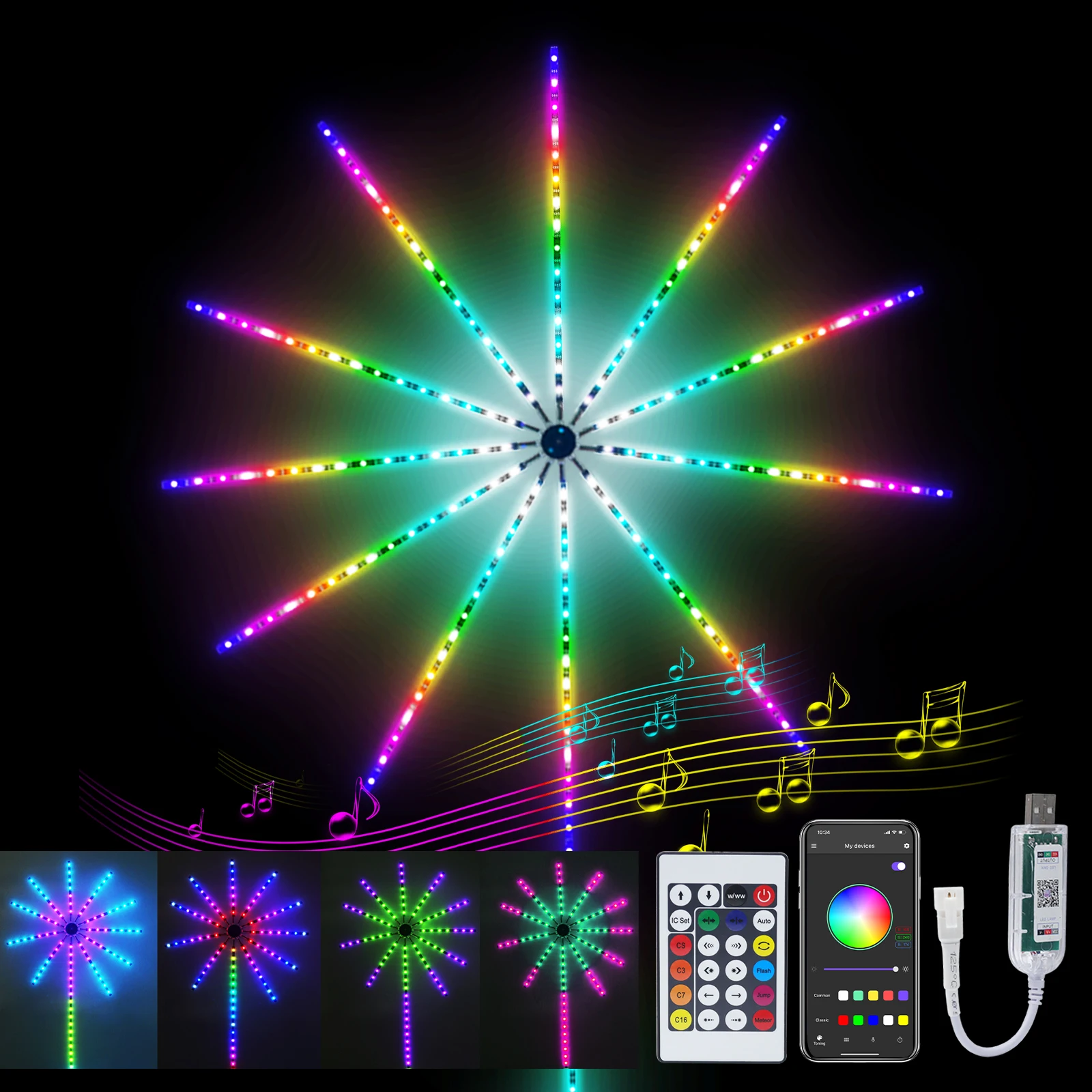 Firework Strip Lights Music Sync USB 5V RGBIC LED Strip for Christmas Party Decor Bluetooth Remote Control Dream Meteor Lamp