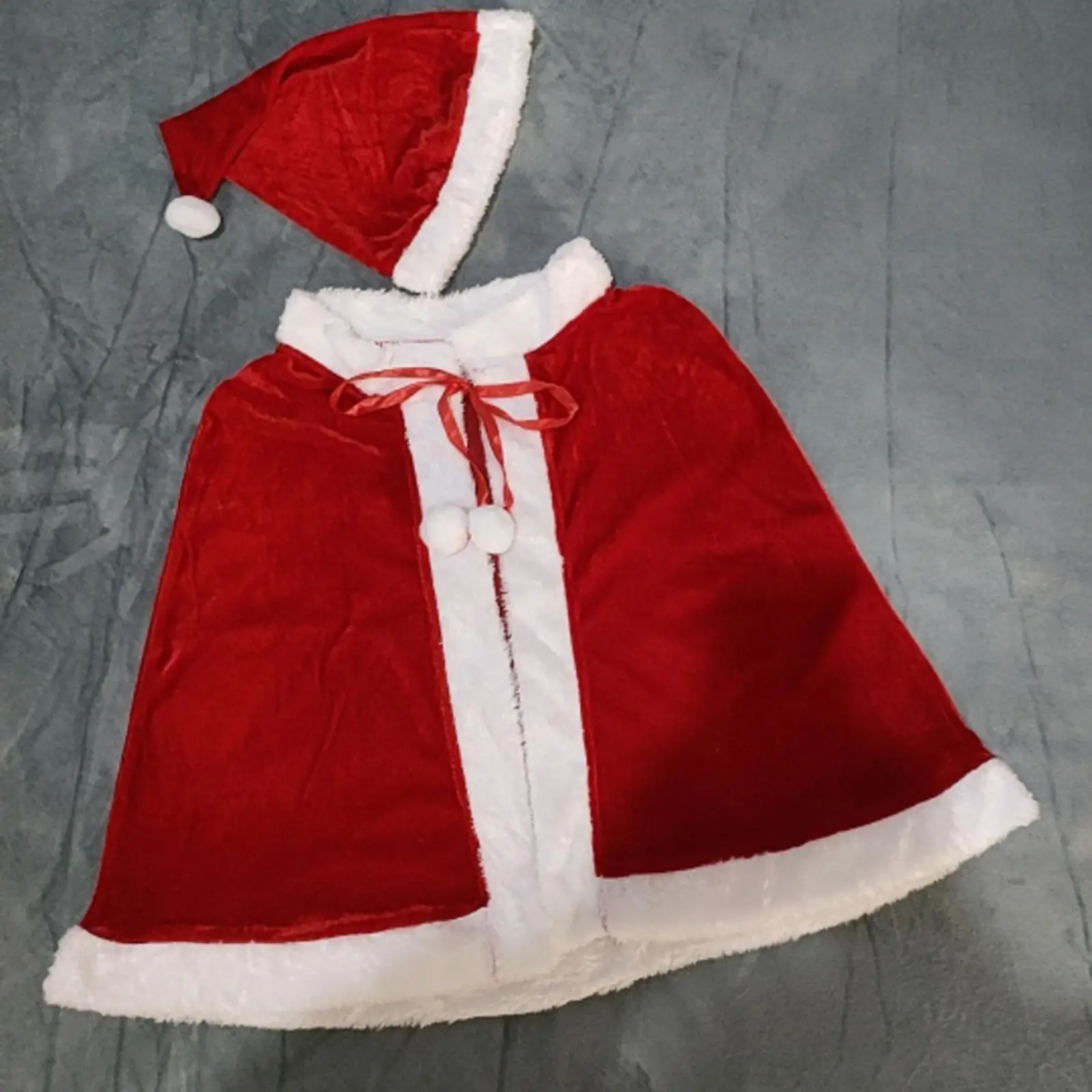 Kids Christmas Shawl Red Velvet Cape W/ Hat for Carnival Cosplay New Year