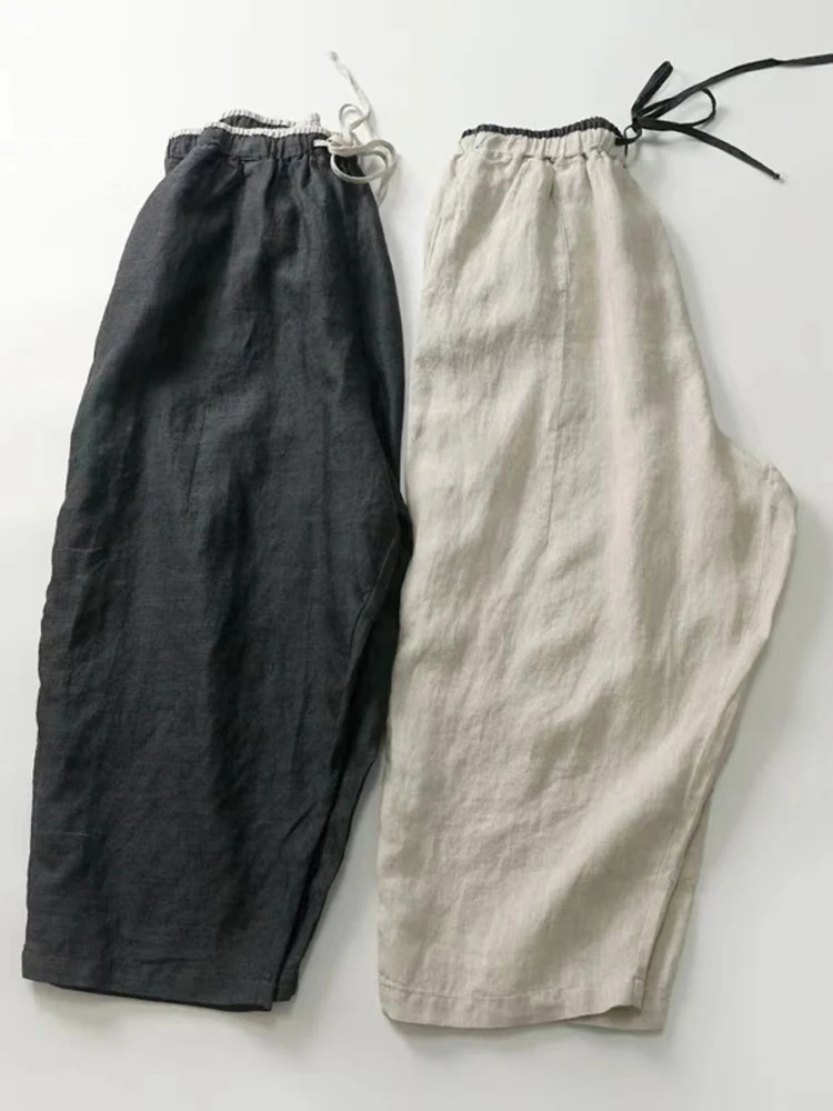 

Женские японские льняные хлопковые повседневные девятисекционные брюки с высокой талией Harlan Pants Artistic Commute Sle ket Detail