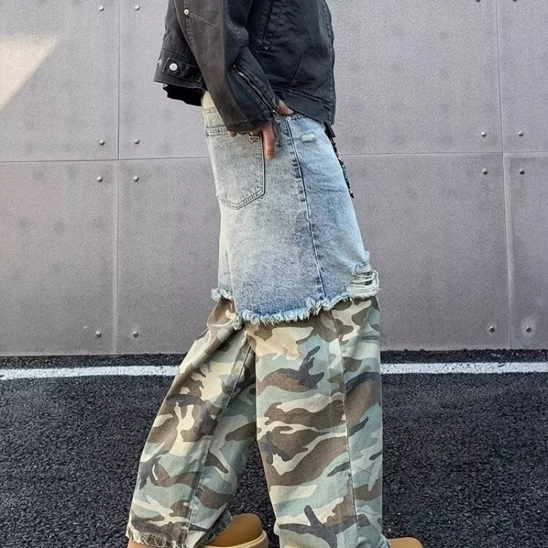 Men High Street Patchwork Camouflage Jeans Straight Trousers Fake Two Pieces  Aged Patchwork Hip Hop Trendy Personalized