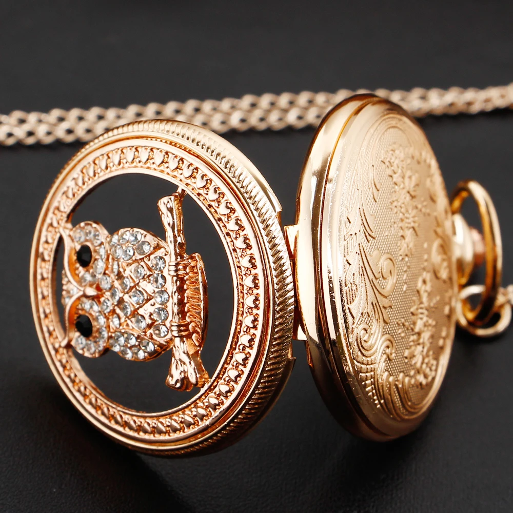 Charming Diamond-encrusted Luxury Owl Hollow Quartz Pocket Watch Necklace Sweater Pendant  Handicraft Artwork Chain Clock