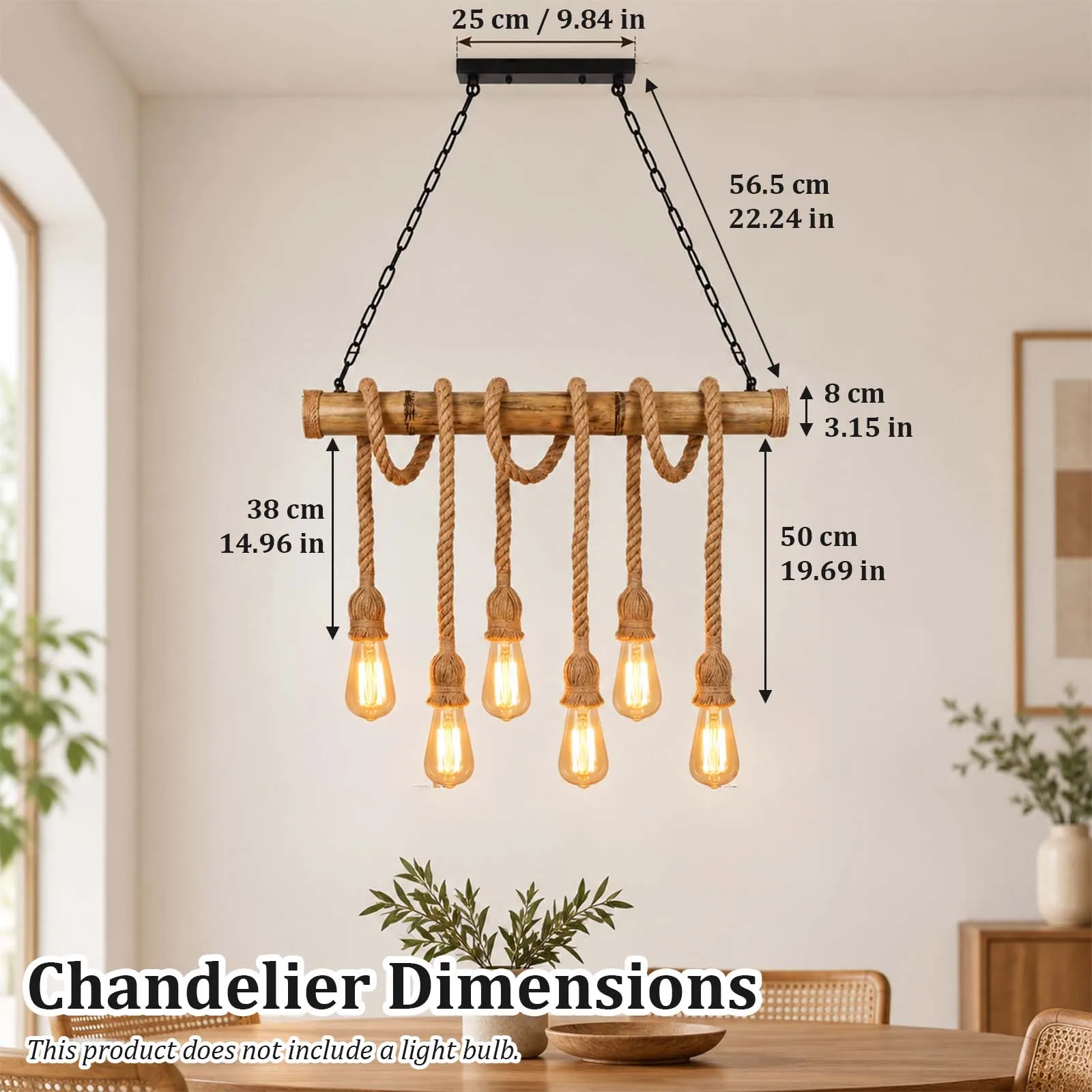 6 Light Chandelier, Bamboo Rod Hemp Rope, Rustic Bohemian, E27 Dining Room