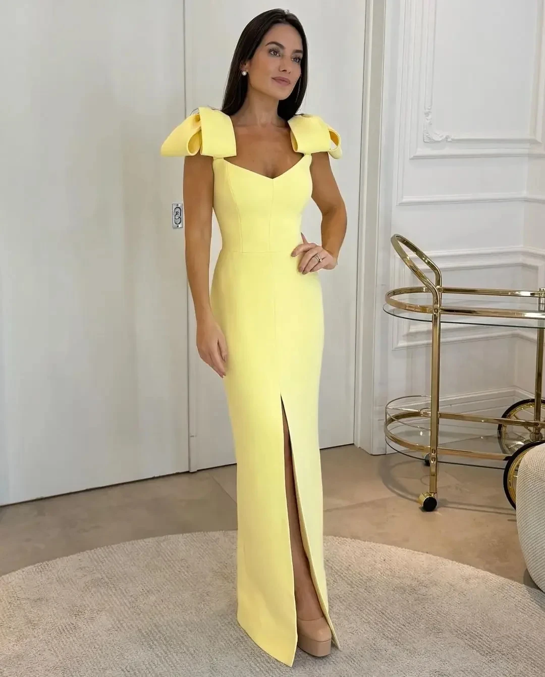 

2025 Elegant Yellow Formal Evening Dress Straps Sleeveless Long Bow Prom Pageant Party Gowns Robe De Soiree