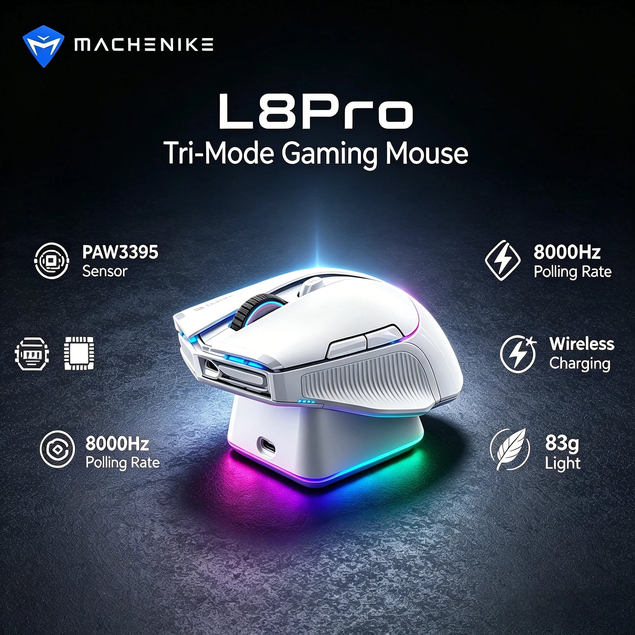 MACHENIKE L8 PRO 8K Gaming Mouse PAW3395 Sensor 8000Hz Tri-Mode Wireless 26000DPI 83g Lightweight Rechargeable RGB Gamer Mice