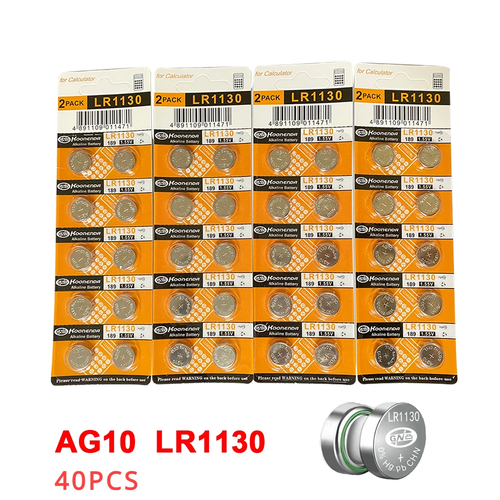 40X 1.55V AG10 LR1130 SR54 389 189 SR1130 D189 LR54 Cell Coin Button Batteries Long-Lasting Alkaline Button Cell Batteries