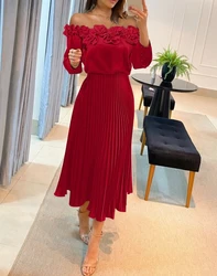 Women's Elegant Off Shoulder Frill Hem Pleated Midi Dress Temperament Commuting Summer Fashion Women Long Sleeve Casual Dresses