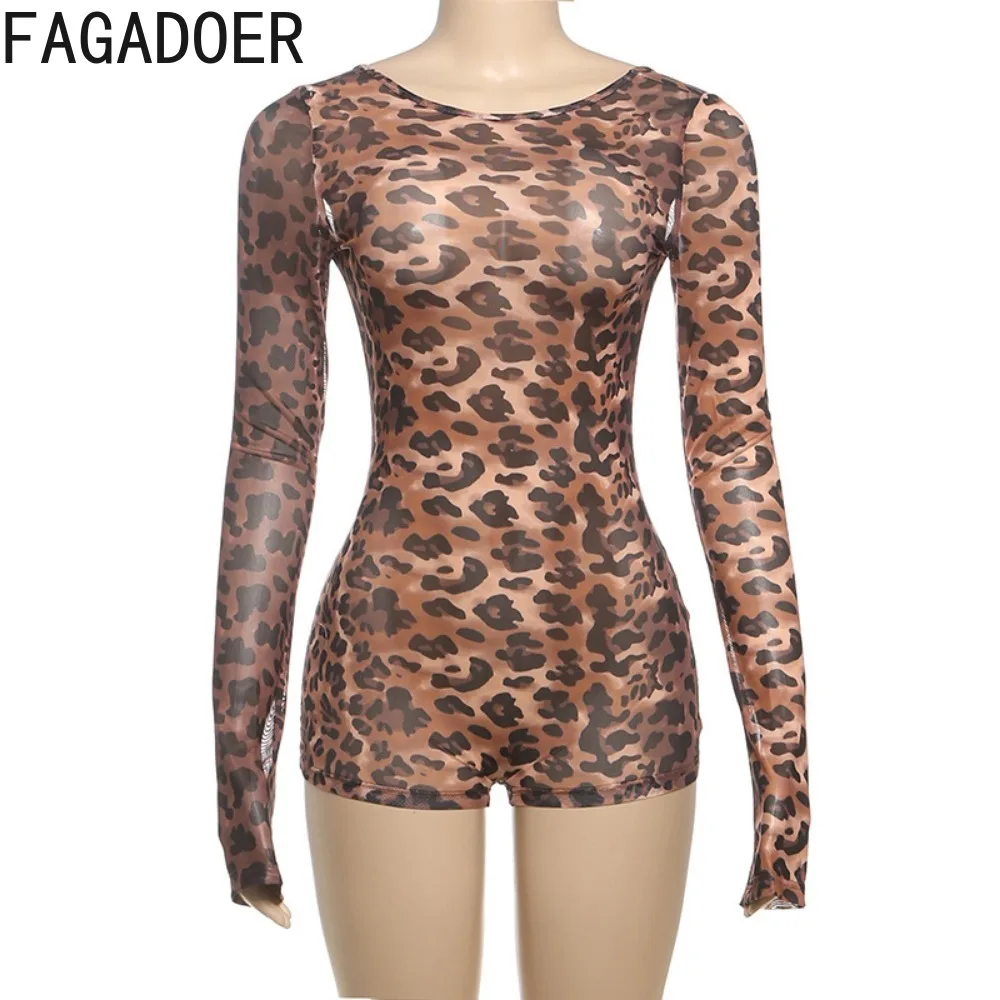 FAGADOER Sexy Retro Leopard Print Mesh Bodysuits Romper Women Long Sleeve See Through One Piece Jumpsuit Night Club Overalls