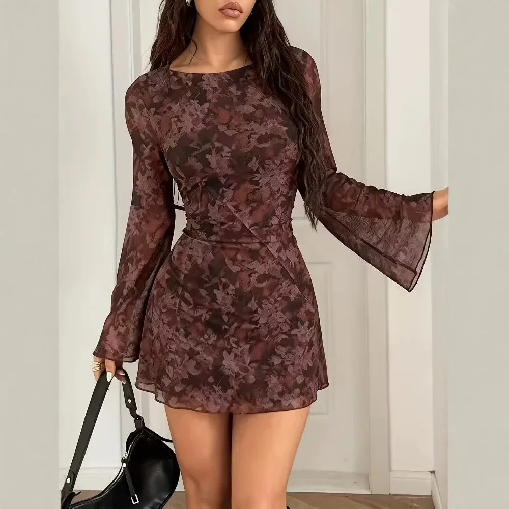 Women Vintage American Tie Dye Flare Sleeve A-Line Mesh Mini Dress Slim Fit Fashion Dress