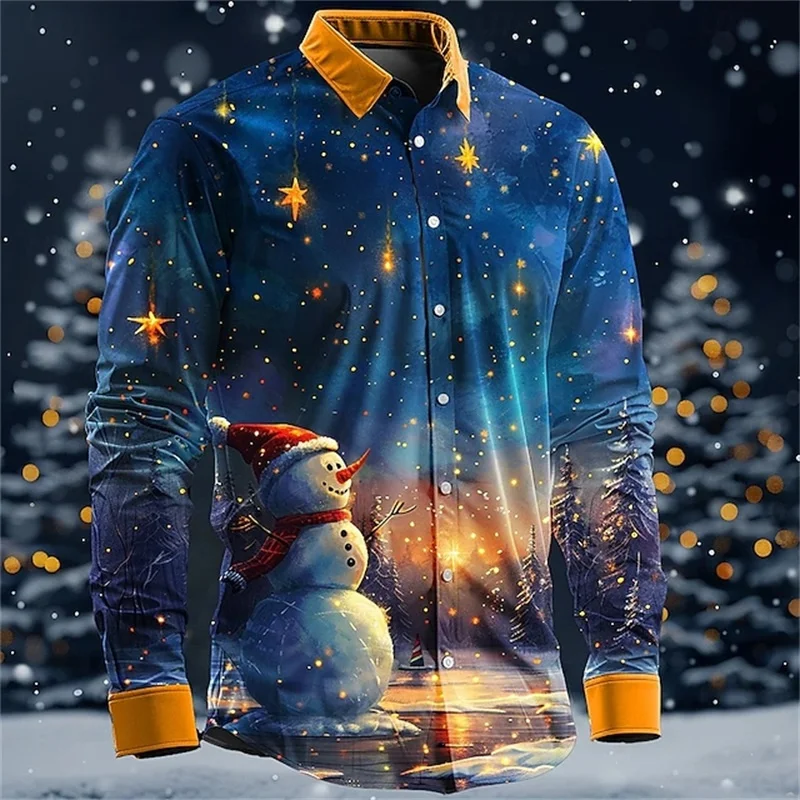 3D Printed Snowman Snowflake Hawaiian Shirts Men Christmas Decorations Pattern Aloha Shirts Loose Long Sleeve Lapel Tops Blouse