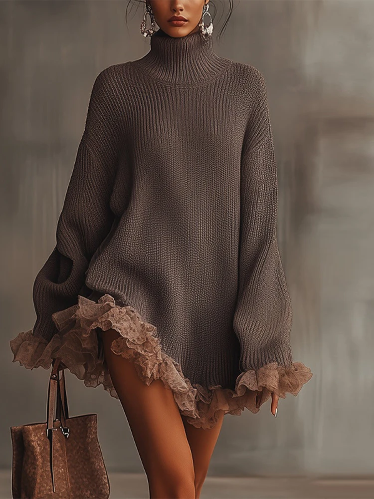 Dames coltrui jurk lente gegolfde splitsen lange mouwen casual elegante mini-jurken oversized effen gebreide jurk