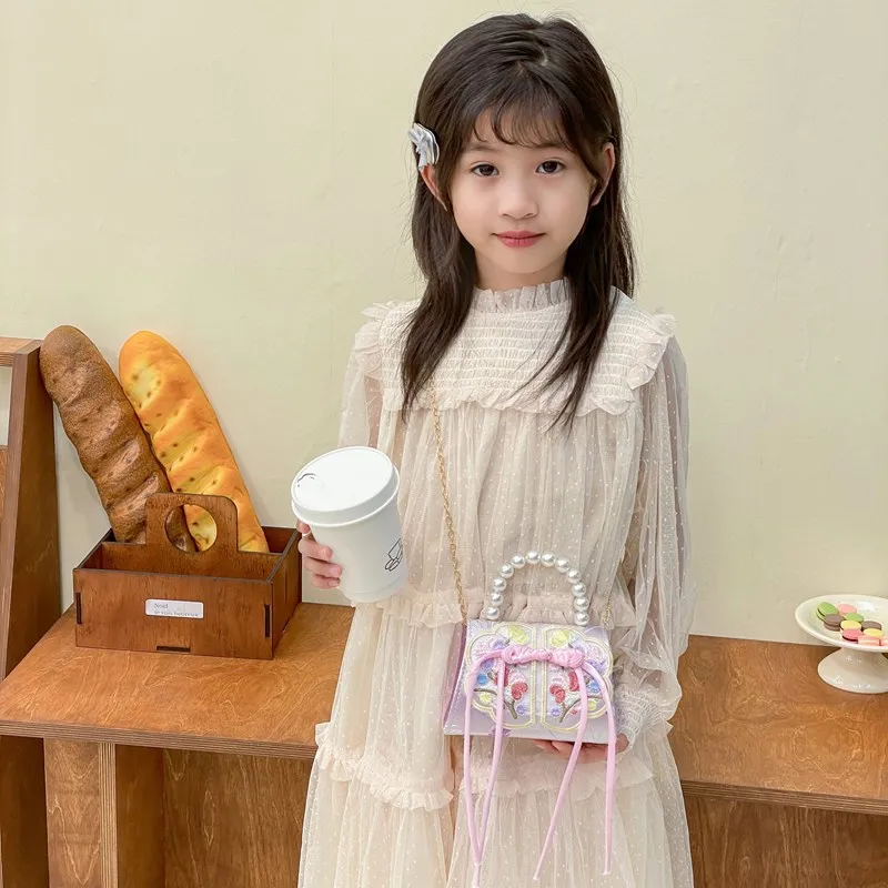 حقائب يد للأطفال بسلسلة بمقبض لؤلؤي، حقيبة كروس للأميرة للبنات مطرزة بالزهور الصينية الجديدة، حقائب كتف للأطفال من الدانتيل الحلو