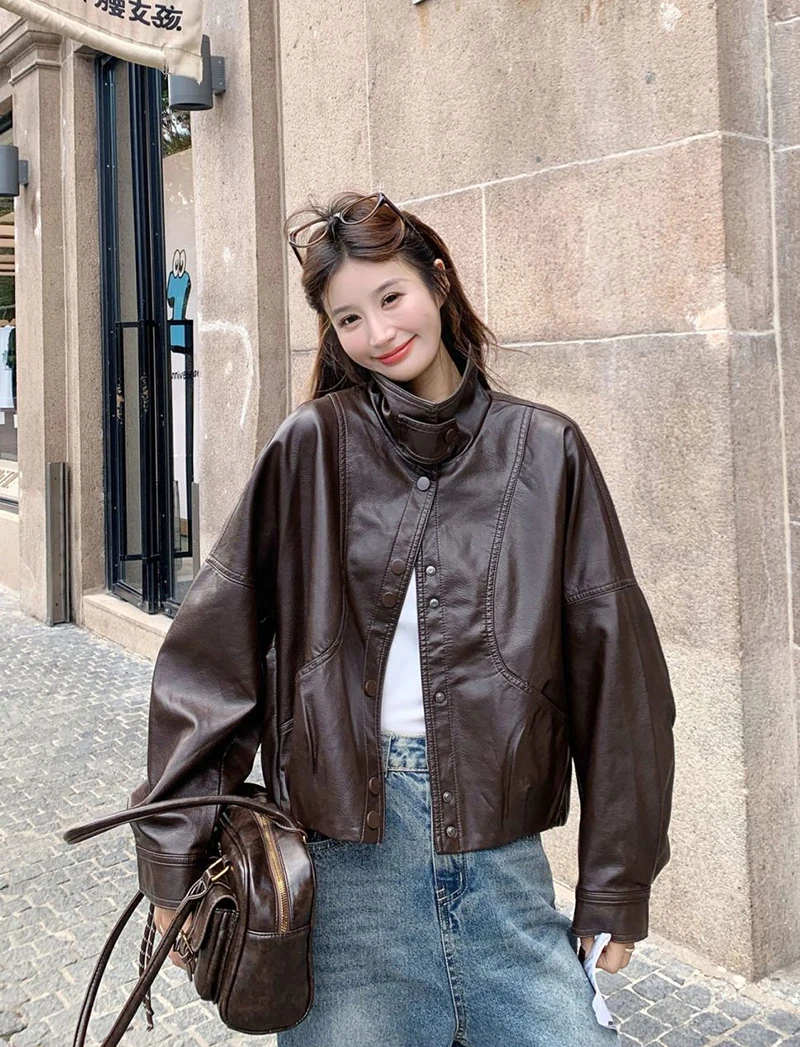 Women Faux Leather Jacket Stand Collar Snap Button Coat Oversized Drop Shoulder Bomber Y2K Retro Streetwear Autumn Outerwear Top