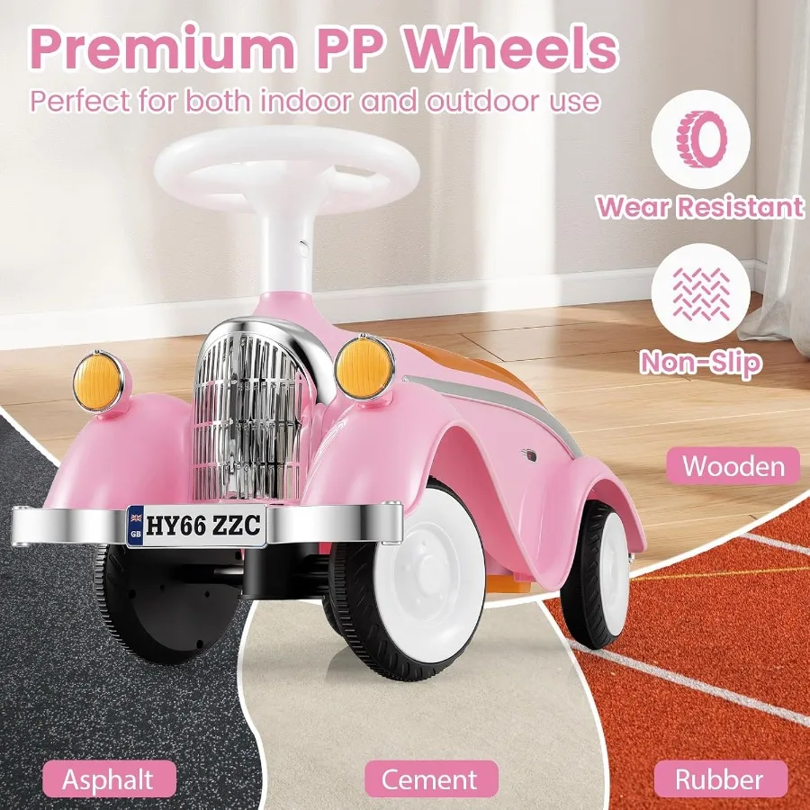 ركوب على سيارة الدفع للأطفال الصغار سيارة منزلقة من القدم إلى الأرض مع صوت عجلة القيادة وتخزين تحت المقعد بدون بطاريات ركوب O