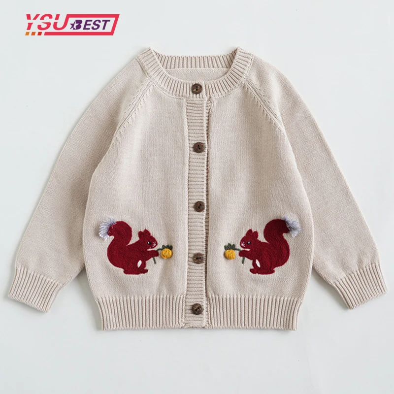 

Spring Kids Girls Cardigan Autumn Knit Coat Cartoon Squirrel Sweaters Infants Knitwear Outgoing Clothing Baby Cardigan Sweater