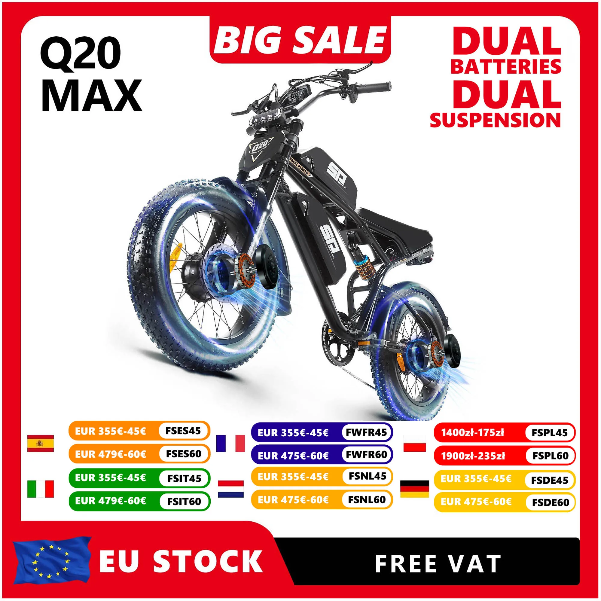 Elektrofahrrad 48V 40AH LG Dual-Batterie E-Bike mit Doppelmotor für Erwachsene, E-Mountainbike mit Ölbremse, Offroad, All-Terrain, Fat Tire E-Bike