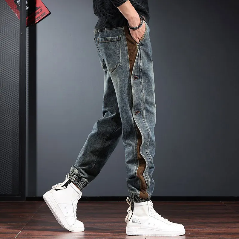 

High Street Fashion Men Jeans Spliced Designer Retro Washed Blue Loose Fit Casual Denim Cargo Pants Hombre Hip Hop Joggers Men