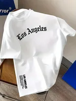 Los Angeles letter print men's summer 100% cotton fashion loose large size casual comfortable round neck short-sleeved top