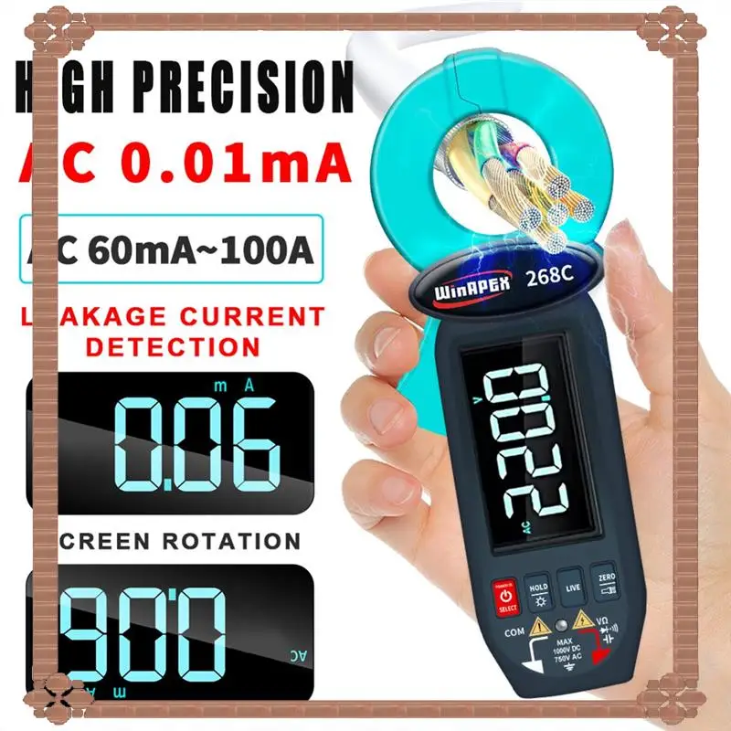24-Hour Delivery Winapex AC DC Leakage Current Detect Detector Clamp Meter 0.01M A True RMS 60A Voltage Temp Screen Rotation NCV