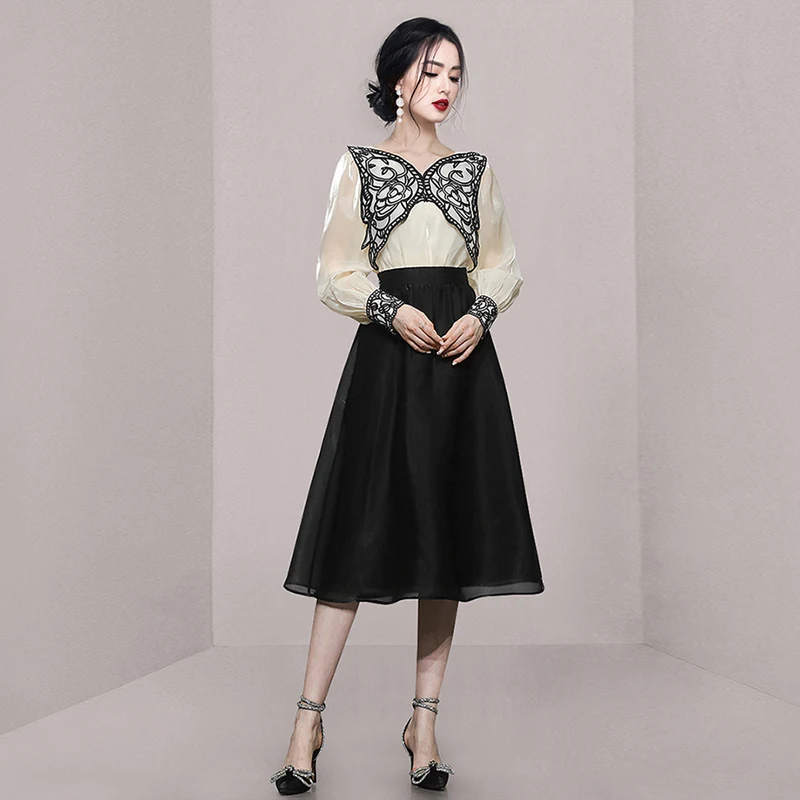 

Elegant Black A-Line Skirt with Shirt Glowing Knot Two-Piece Set for Young Women Spring Autumn Fashion