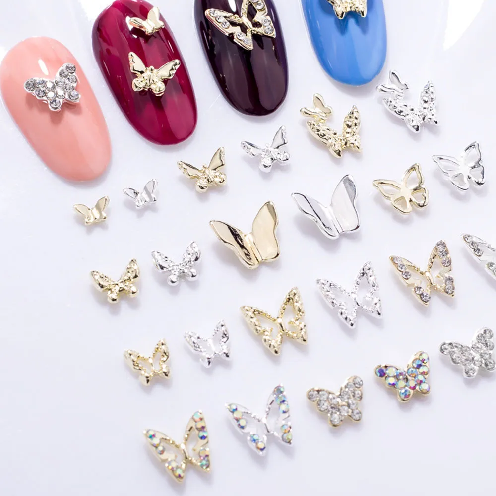 Mini Hollow Butterfly Nail Charms, Metal 3D, Prata, Ouro, Diamante, Pérola, Decoração de Unhas, DIY, Acessórios de Luxo, 10Pcs