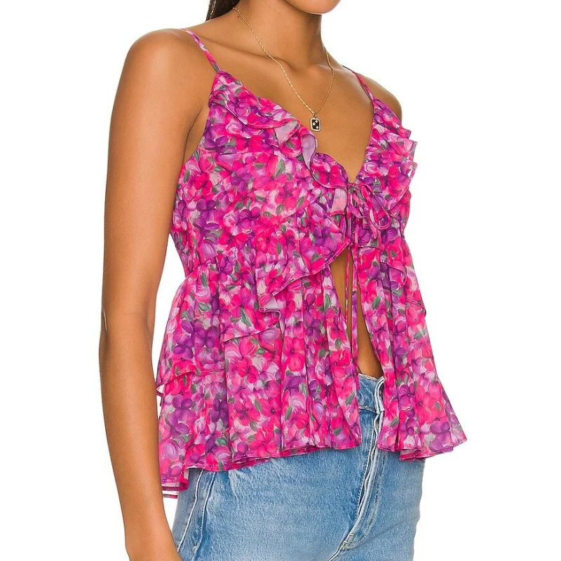 Damski Y2k wielowarstwowy koronkowy wzburzyć Spaghetti pasek Cami Top kwiatowy Print Babydoll Tank Top zwiewny krawat z przodu bez rękawów Camisole