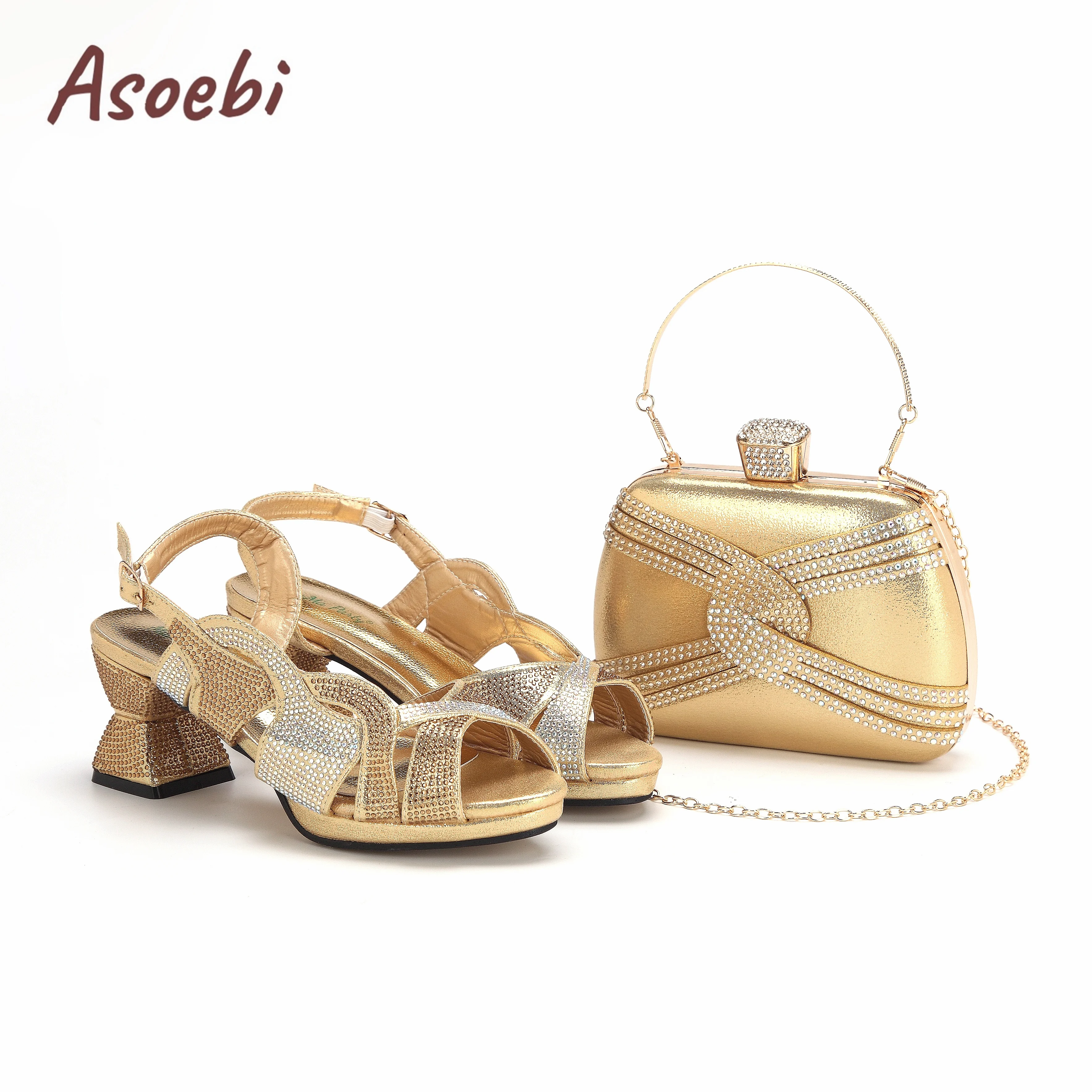 Hot Selling Coffee Color Ladies Peep Toe with Crystal Design Sandal with Bag Set For Women Wedding Party Pump