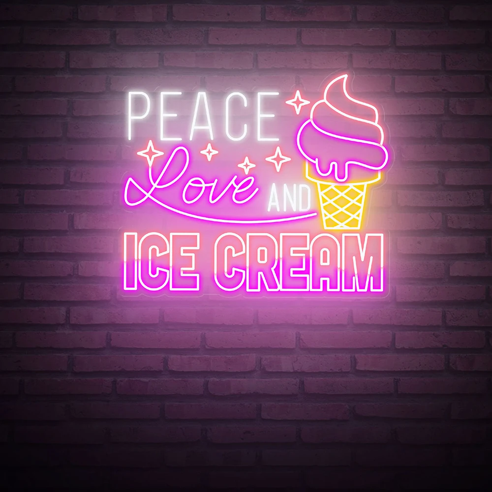 Peace Love and Ice Cream Neon Sign Custom Ice Cream Shop Wall Decor Neon Sign Bakery Store Welcome Led Neon Light Lamp