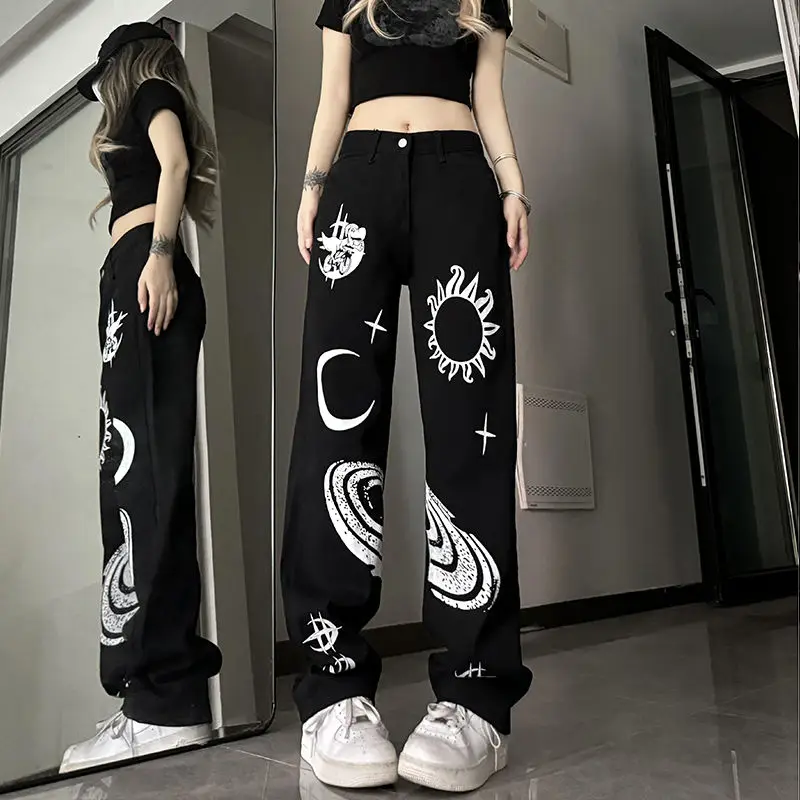 High Street Fashion Print High Waist Jeans Women\'s Button Pocket Zipper Trendy Versatile Slim Loose Covering Meat Straight Pants