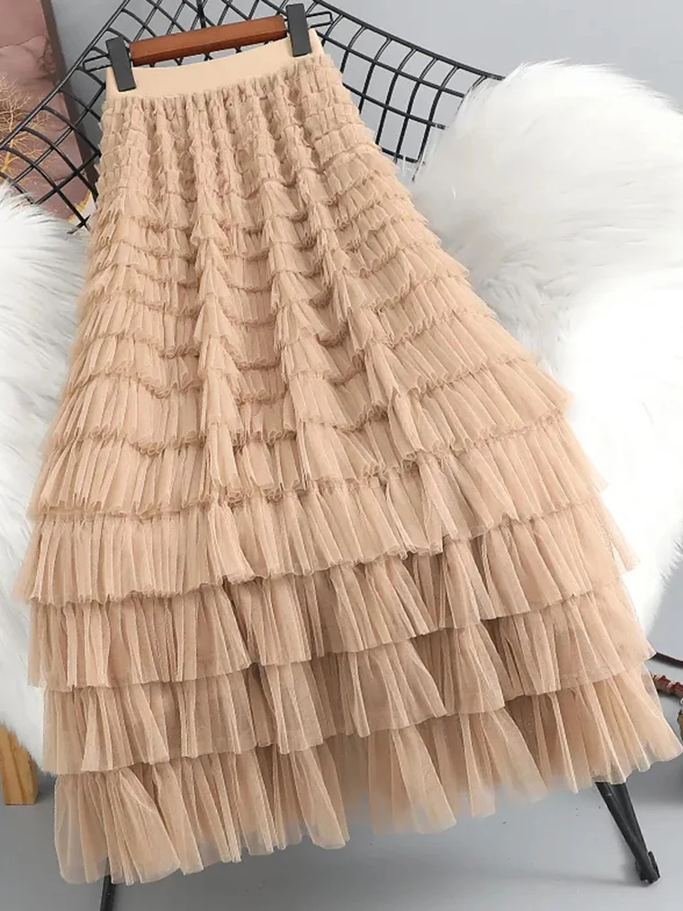 

Элегантные милые сетчатые длинные юбки, женские винтажные корейские повседневные тюлевые юбки-торты, новая женская свободная весенняя юбка с высокой талией в стиле ретро