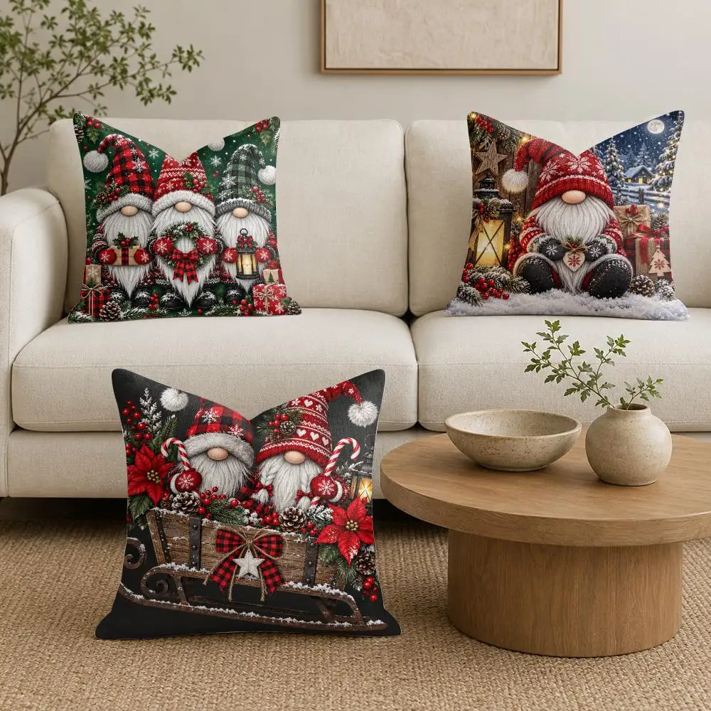 Christmas Gnome Celebration Cushion Cover Premium Linen Pillow Cover Durable Soft Breathable Washable Home Decor Cushion Case