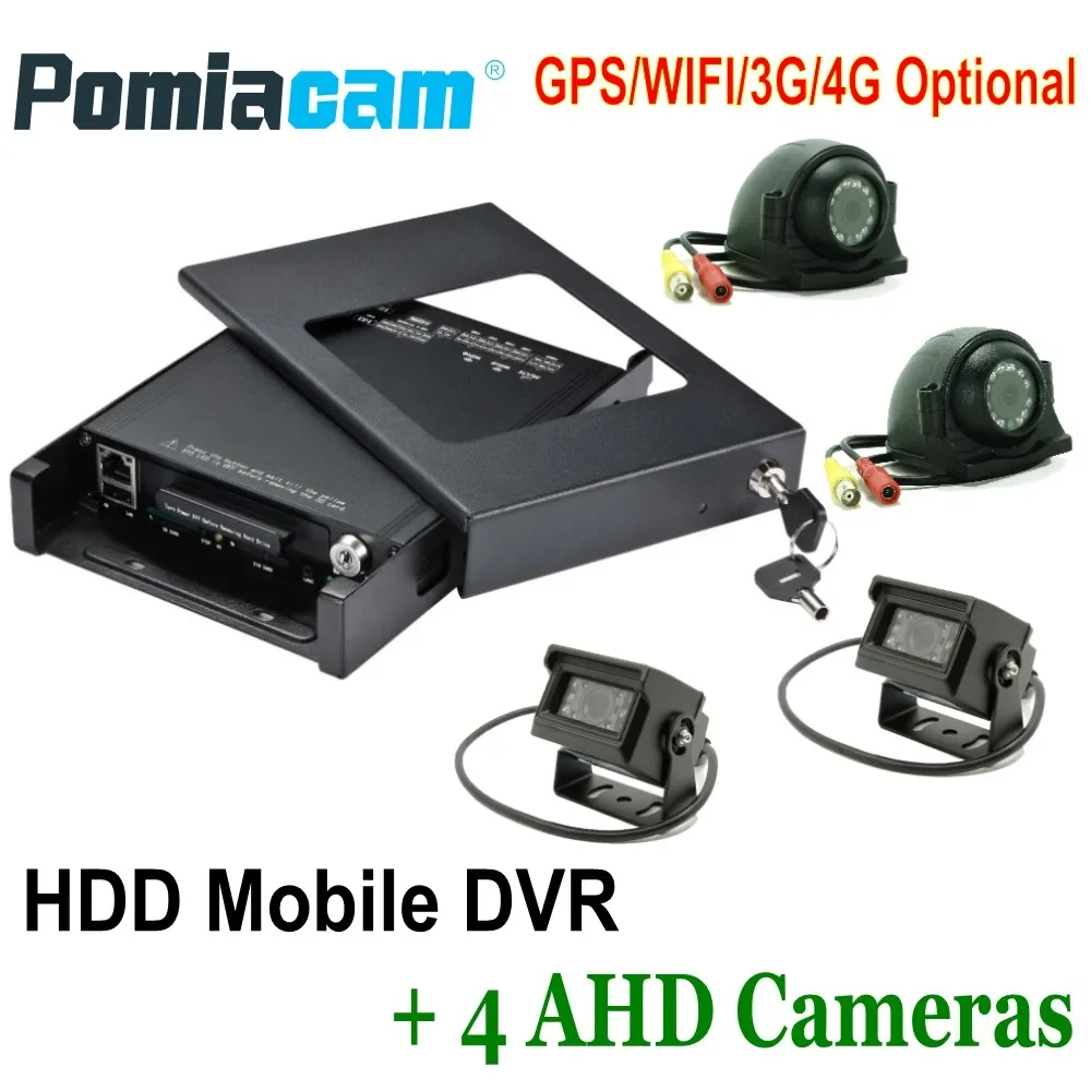 HDVR9804 Mobile HDD video record system GPS WIFI 3G 4G AHD Mobile DVR+4 AHD Cameras+4 extension Cables 4ch Car Rear View System