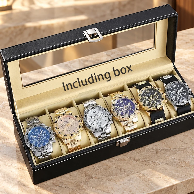 Hot Sale 6pcs Luxury Men's Wrist Watch Bundle With 6 Slot PU Watch Storage Box Multi-color Sports Quartz Watches Gift For Him