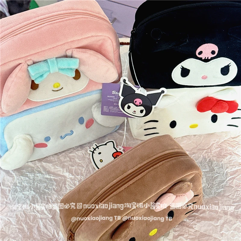 Sanrio Hello Kitty Pencil Case Kuromi Melody Large Capacity Women Cosmetic Bag student Stationery Storage Box Plush Toys Gifts