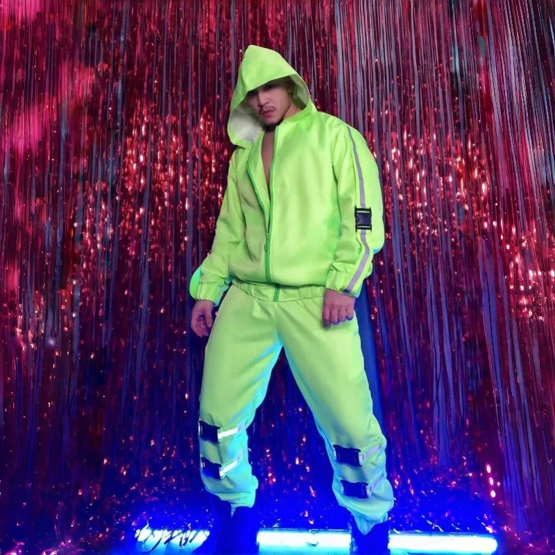 Male Fluorescent Green Tooling Suit Rap Rock Hip Hop Dance Set Hooded Jacket Pants 2-Piece Stage Performance Clothes Bar Costume